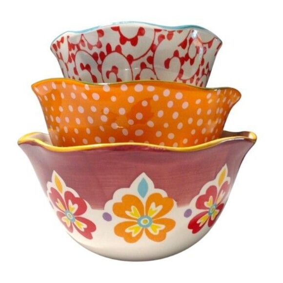 Pioneer Woman Mixing Bowls Set Of 3 Fall Floral Polk Dot Autumn Serving Nesting - Picture 15 of 15